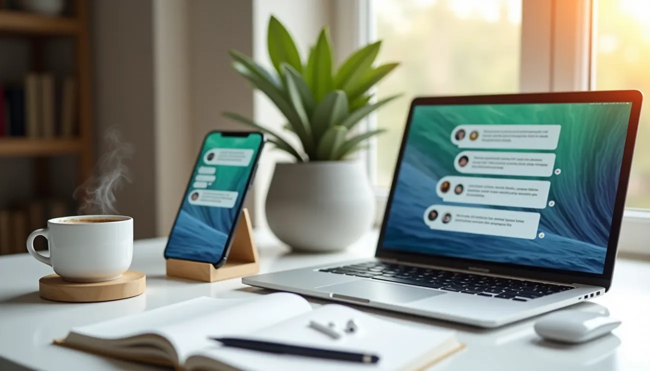 Workspace with laptop and smartphone showing AI chat conversations, alongside a coffee cup and open notebook by a window